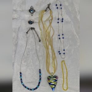 Blue And Yellow Glass Art Pendant With Matching Beaded Jewelry Mix